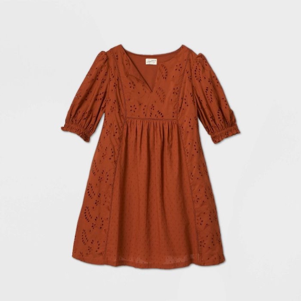 Balloon Elbow Sleeve Eyelet Dress